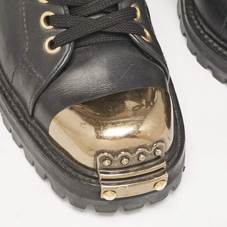 Pre Owned Miu Miu Black lLather Block Heel Ankle Combat Boots Size 36