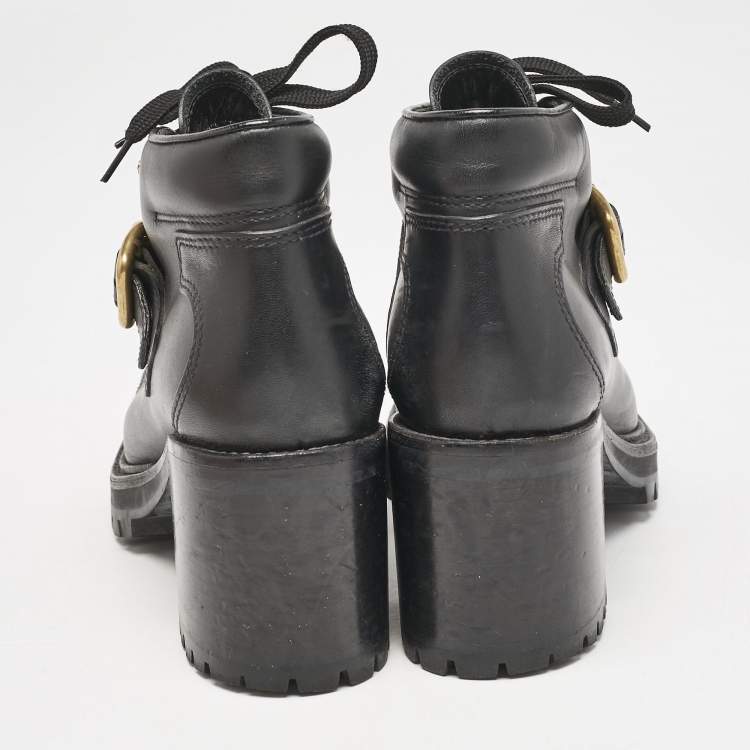Pre Owned Miu Miu Black lLather Block Heel Ankle Combat Boots Size 36