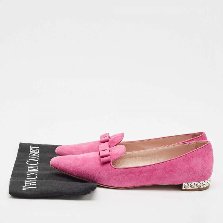 Pre Owned Miu Miu Pink Suede Bow Detail Crystal Embellished Heel Ballet Flats Size 39.5