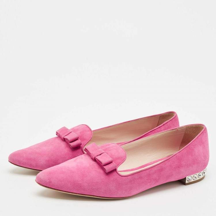 Pre Owned Miu Miu Pink Suede Bow Detail Crystal Embellished Heel Ballet Flats Size 39.5