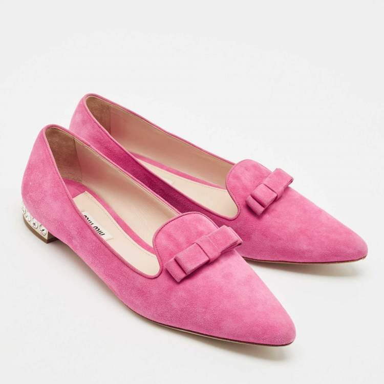 Pre Owned Miu Miu Pink Suede Bow Detail Crystal Embellished Heel Ballet Flats Size 39.5