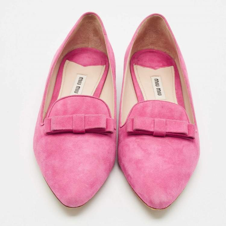Pre Owned Miu Miu Pink Suede Bow Detail Crystal Embellished Heel Ballet Flats Size 39.5