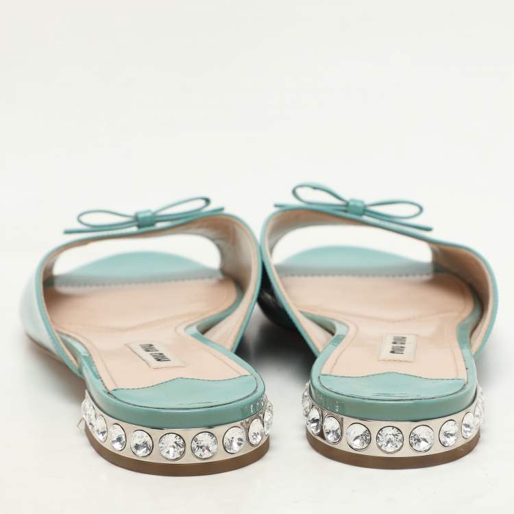 Pre Owned Miu Miu Mint Green Patent Leather Bow Crystal Embellished Heel Flat Slides Size 37