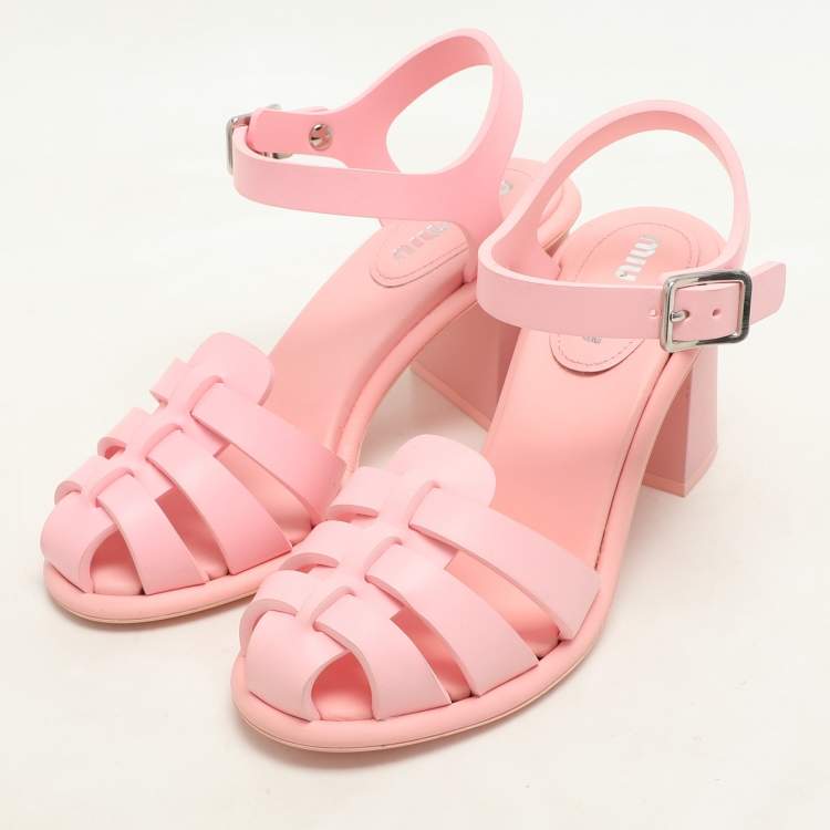 Pre Owned Miu Miu Pink Rubber Caged Ankle Strap Sandals Size 36