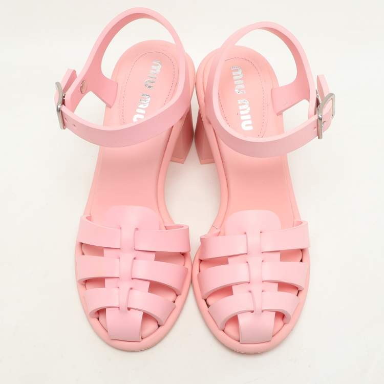 Pre Owned Miu Miu Pink Rubber Caged Ankle Strap Sandals Size 36