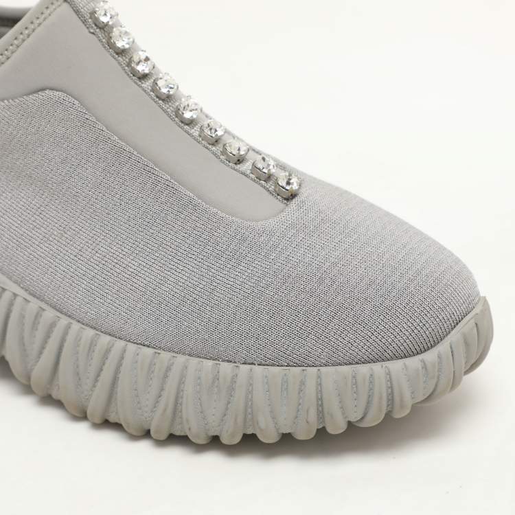 Pre Owned Miu Miu Grey Stretch Knit Crystal-Embellished Slip-On Sneakers 36.5