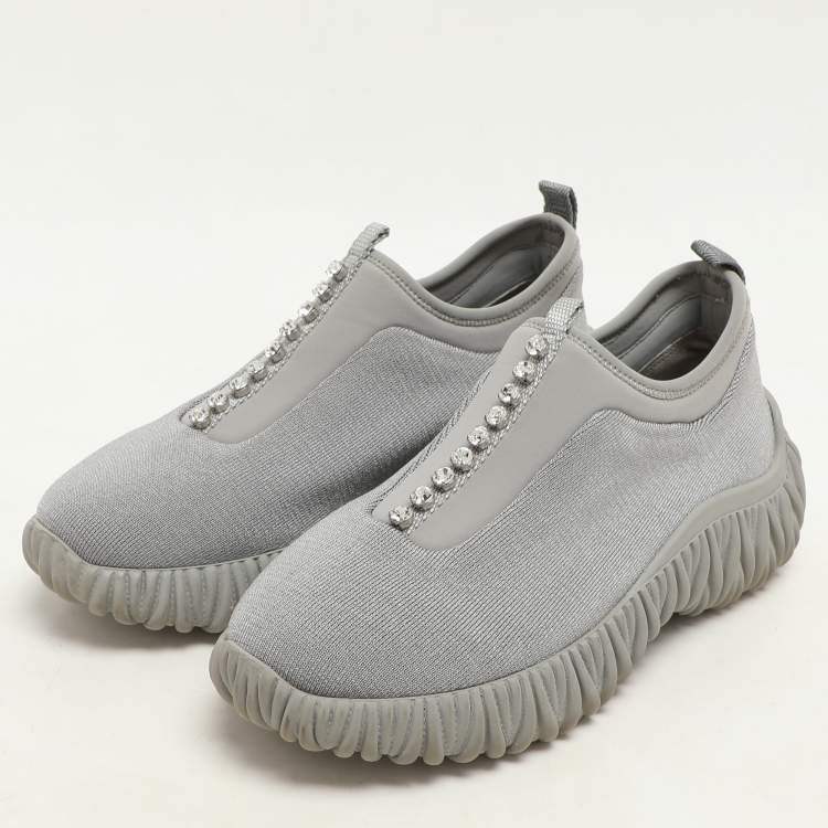 Pre Owned Miu Miu Grey Stretch Knit Crystal-Embellished Slip-On Sneakers 36.5