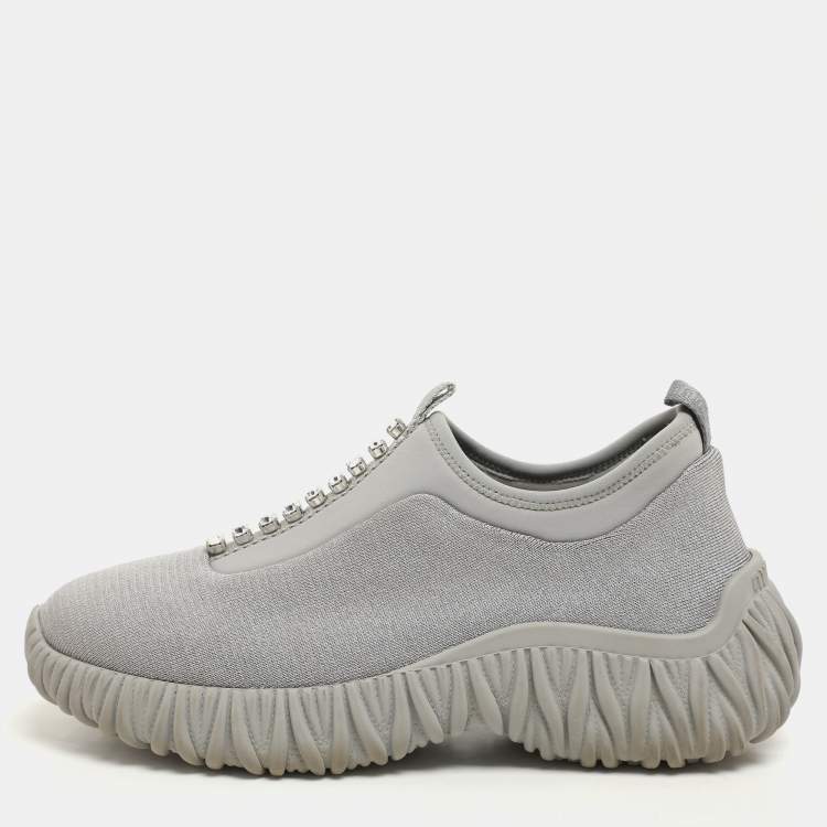 Pre Owned Miu Miu Grey Stretch Knit Crystal-Embellished Slip-On Sneakers 36.5