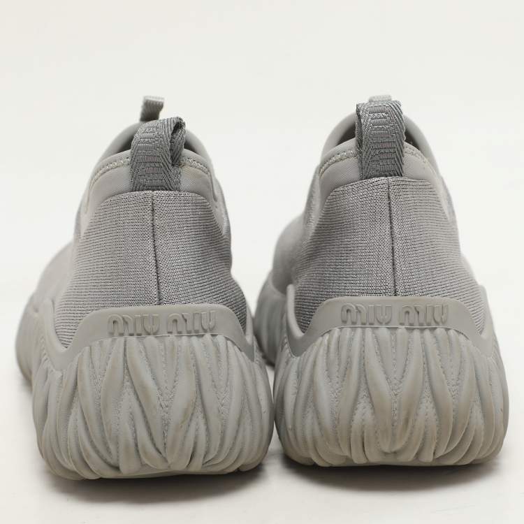 Pre Owned Miu Miu Grey Stretch Knit Crystal-Embellished Slip-On Sneakers 36.5