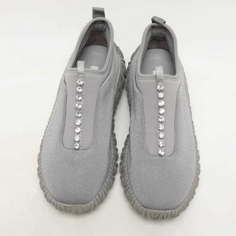 Pre Owned Miu Miu Grey Stretch Knit Crystal-Embellished Slip-On Sneakers 36.5