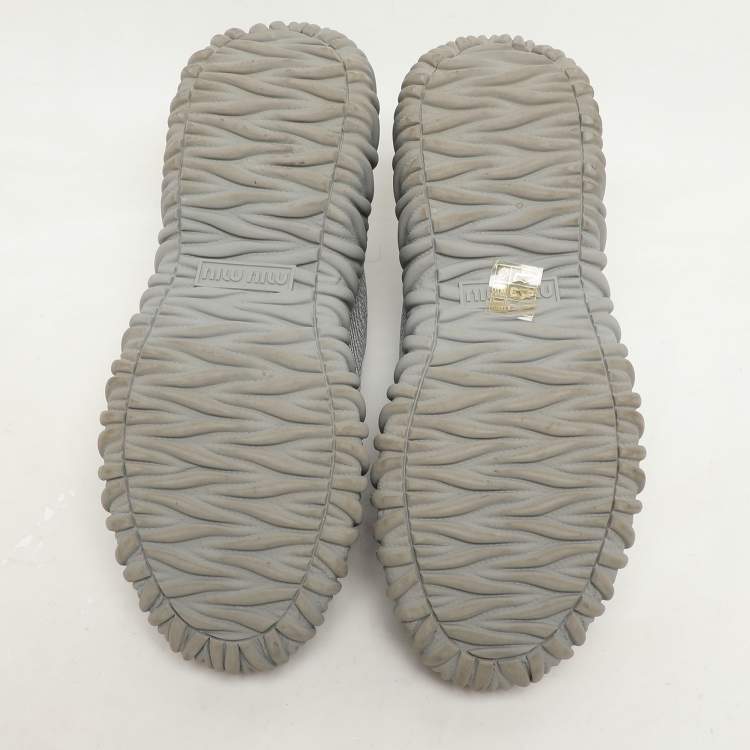 Pre Owned Miu Miu Grey Stretch Knit Crystal-Embellished Slip-On Sneakers 36.5