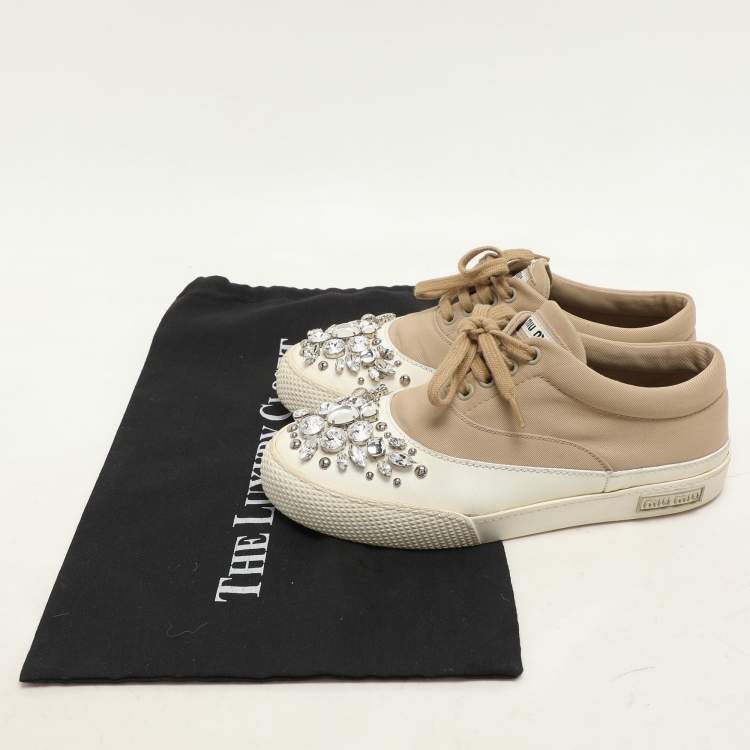 Pre Owned Miu Miu Beige/White Canvas and Rubber Crystal Embellished Cap Toe Sneakers Size 36.5