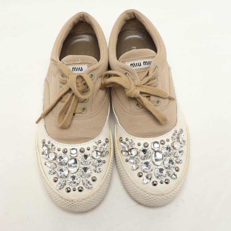 Pre Owned Miu Miu Beige/White Canvas and Rubber Crystal Embellished Cap Toe Sneakers Size 36.5