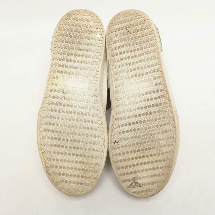 Pre Owned Miu Miu Beige/White Canvas and Rubber Crystal Embellished Cap Toe Sneakers Size 36.5