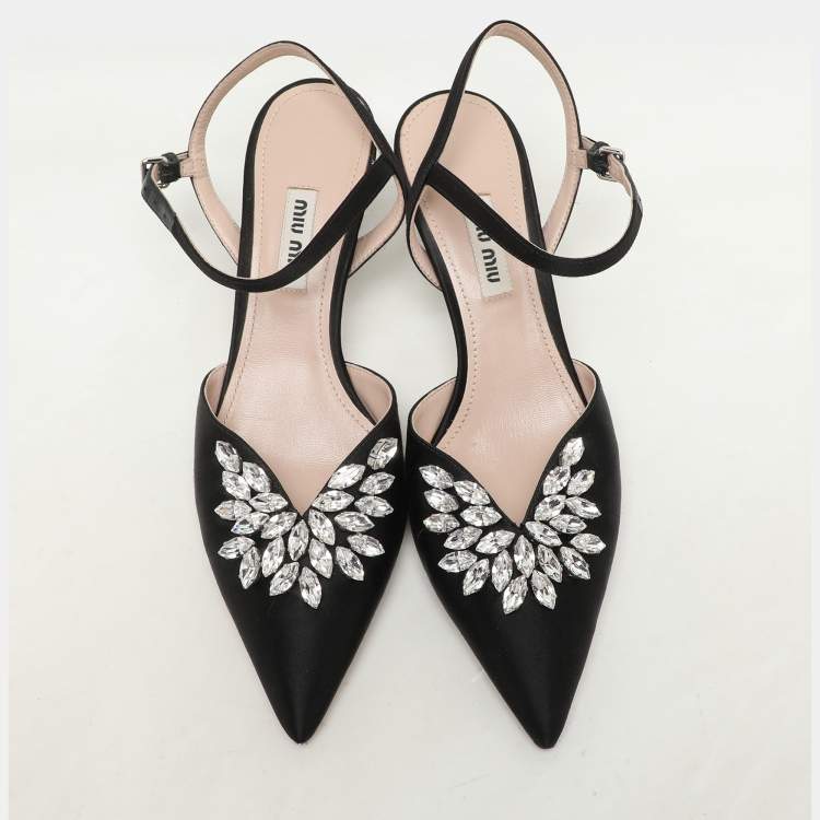 Pre Owned Miu Miu Black Satin Crystal Embellished Kitten Heel Ankle Strap Pumps Size 36.5