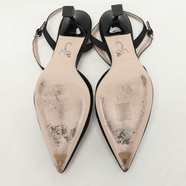 Pre Owned Miu Miu Black Satin Crystal Embellished Kitten Heel Ankle Strap Pumps Size 36.5