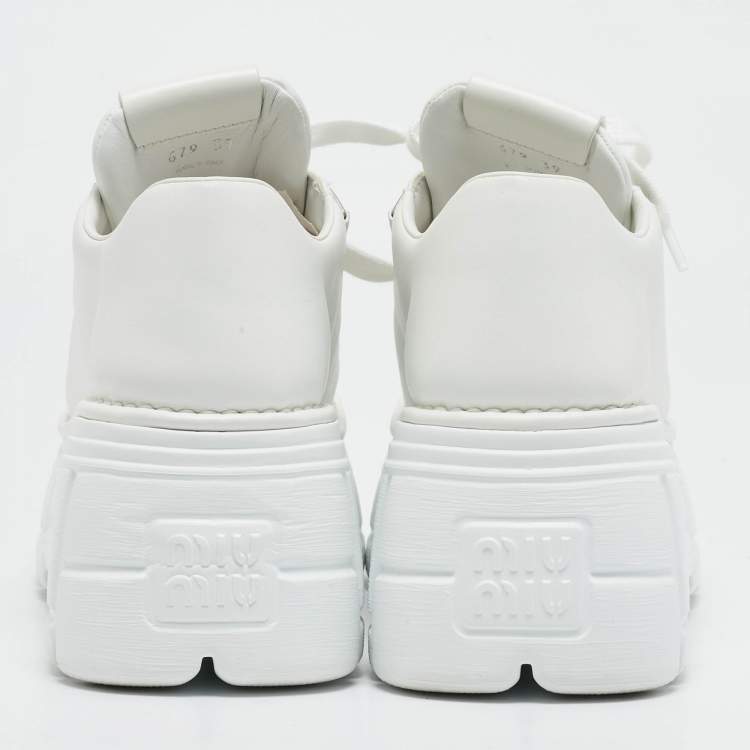 Pre Owned Miu Miu White Leather Platform Lace Up Sneakers Size 39