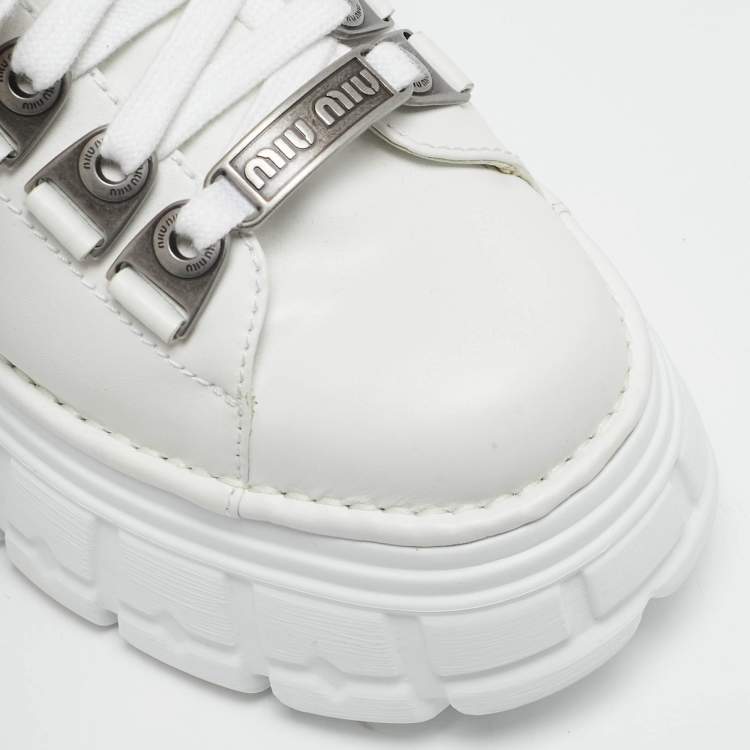 Pre Owned Miu Miu White Leather Platform Lace Up Sneakers Size 39