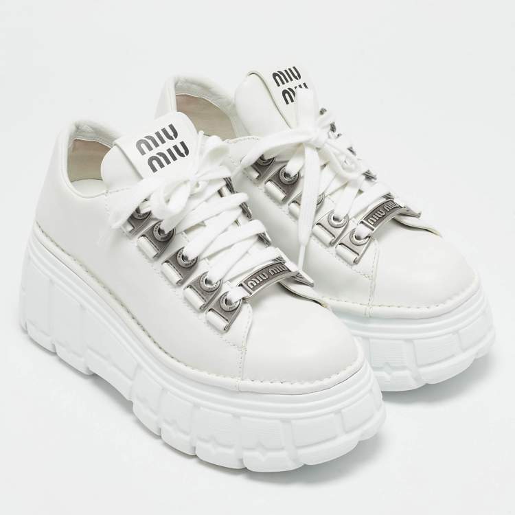 Pre Owned Miu Miu White Leather Platform Lace Up Sneakers Size 39