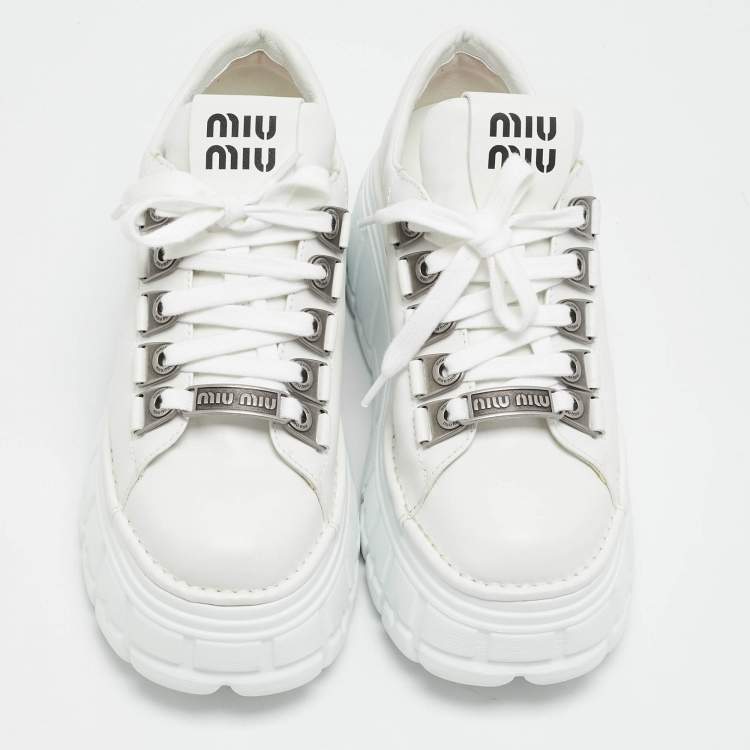 Pre Owned Miu Miu White Leather Platform Lace Up Sneakers Size 39