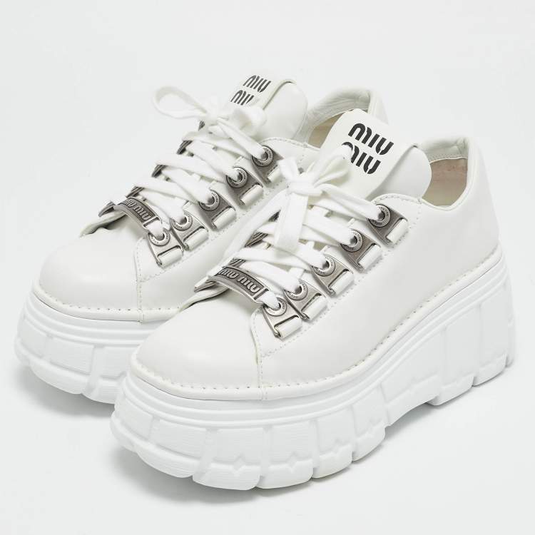 Pre Owned Miu Miu White Leather Platform Lace Up Sneakers Size 39