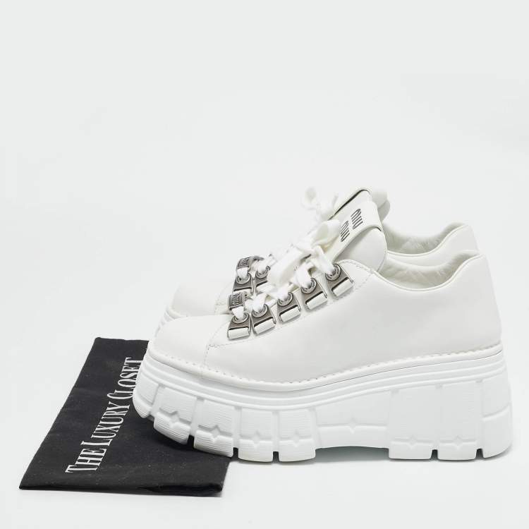 Pre Owned Miu Miu White Leather Platform Lace Up Sneakers Size 39