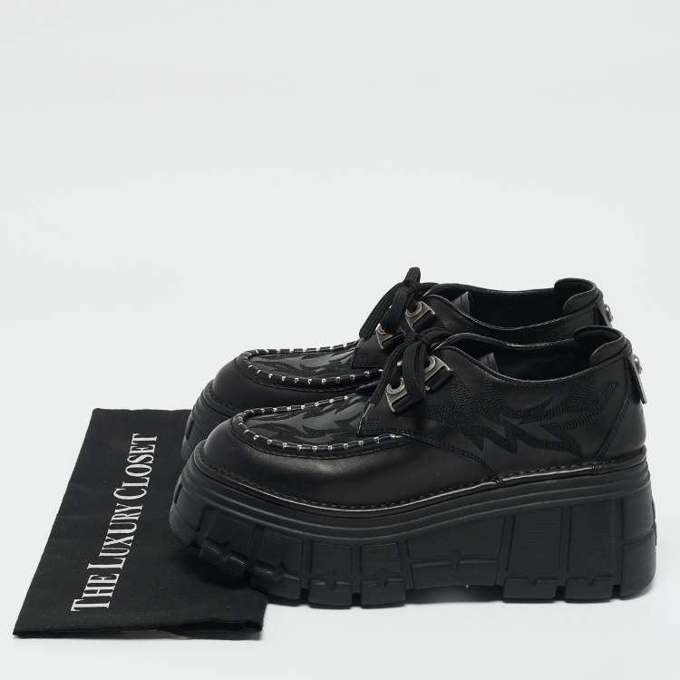 Pre Owned Miu Miu Black Embroidered Leather Lace Up Boots Size 38.5