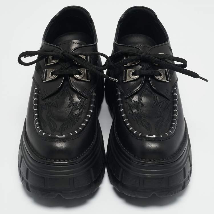 Pre Owned Miu Miu Black Embroidered Leather Lace Up Boots Size 38.5