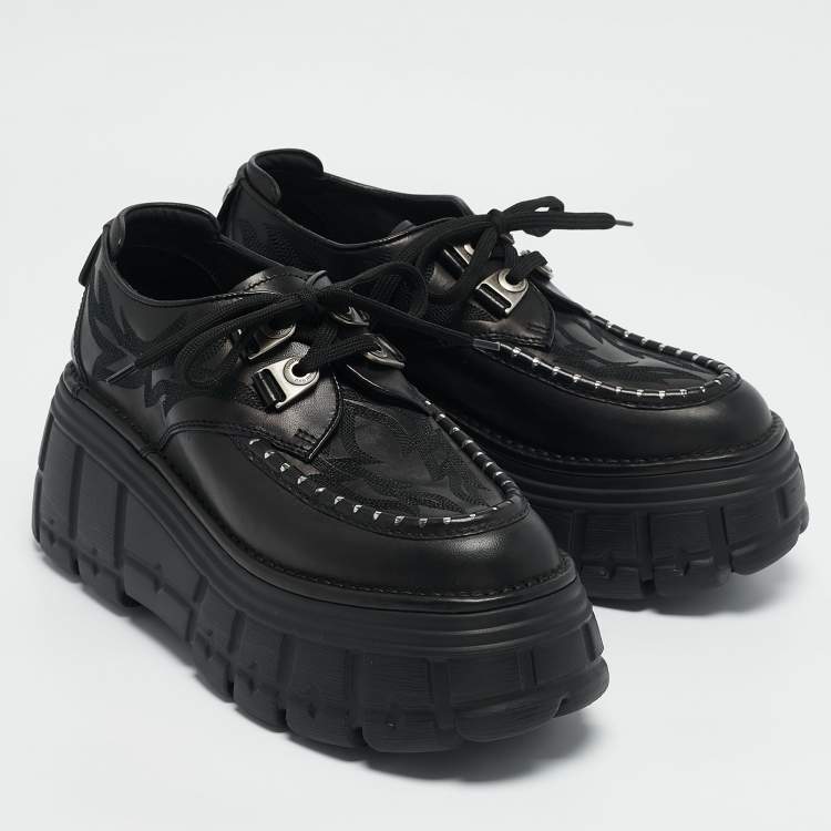 Pre Owned Miu Miu Black Embroidered Leather Lace Up Boots Size 38.5