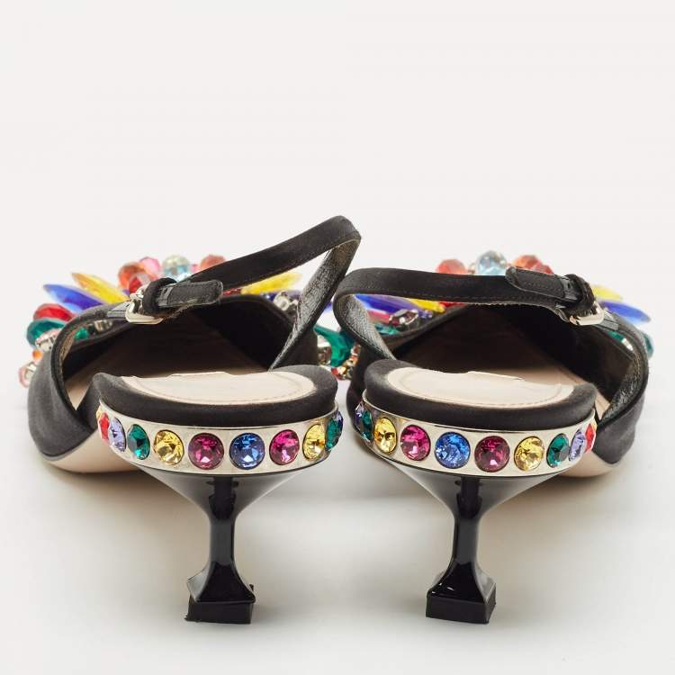 Pre Owned Miu Miu Black Satin Crystal Embellished Slingback Pumps Size 38