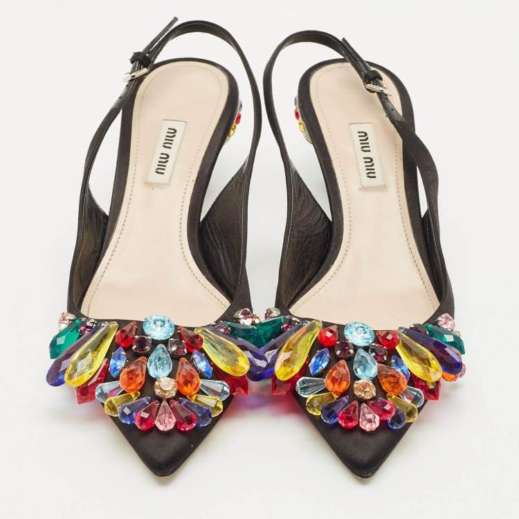 Pre Owned Miu Miu Black Satin Crystal Embellished Slingback Pumps Size 38