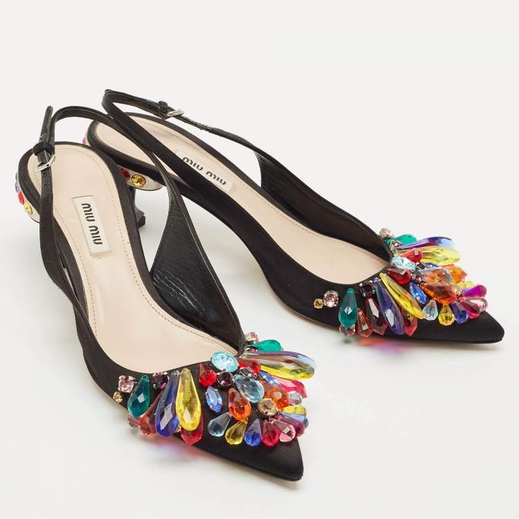 Pre Owned Miu Miu Black Satin Crystal Embellished Slingback Pumps Size 38