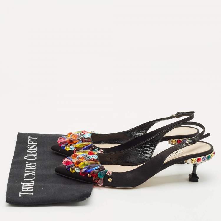 Pre Owned Miu Miu Black Satin Crystal Embellished Slingback Pumps Size 38