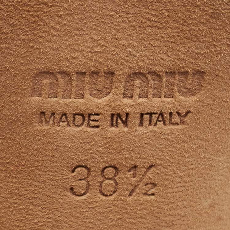 Pre Owned Miu Miu Beige Satin Crystal Embellished Block Heel Ankle Strap Platform Sandals Size 38.5
