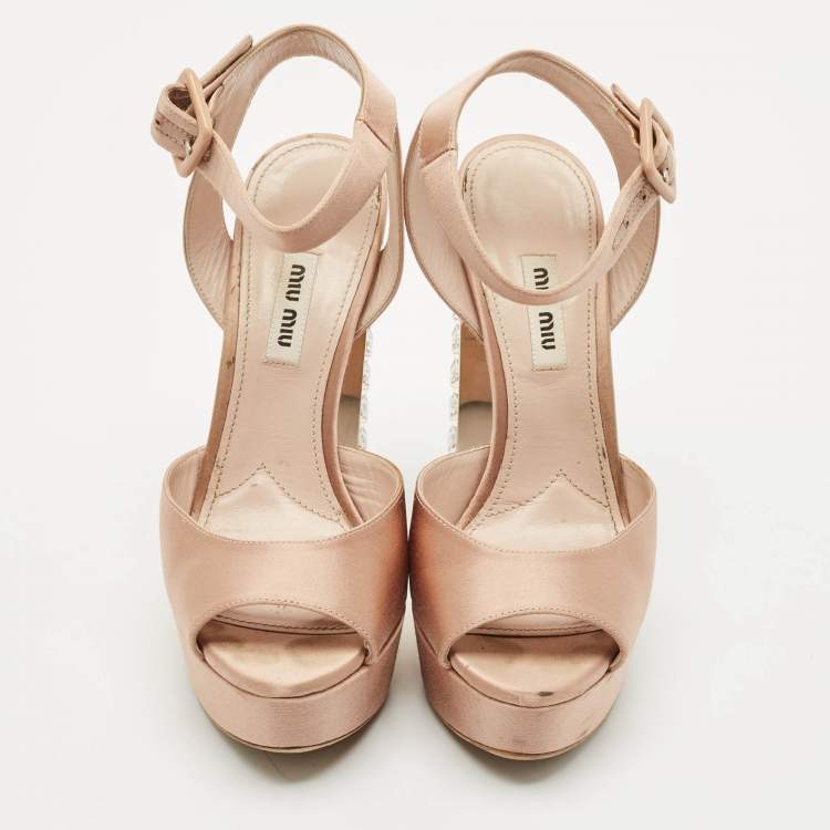 Pre Owned Miu Miu Beige Satin Crystal Embellished Block Heel Ankle Strap Platform Sandals Size 38.5