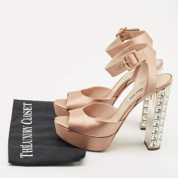 Pre Owned Miu Miu Beige Satin Crystal Embellished Block Heel Ankle Strap Platform Sandals Size 38.5