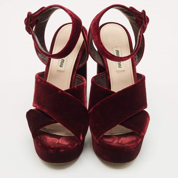 Pre Owned Miu Miu Burgundy Velvet Platform Criss Cross Ankle Strap Sandals Size 38.5