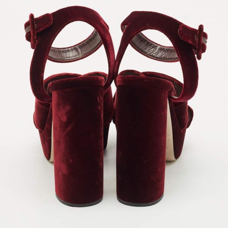 Pre Owned Miu Miu Burgundy Velvet Platform Criss Cross Ankle Strap Sandals Size 38.5
