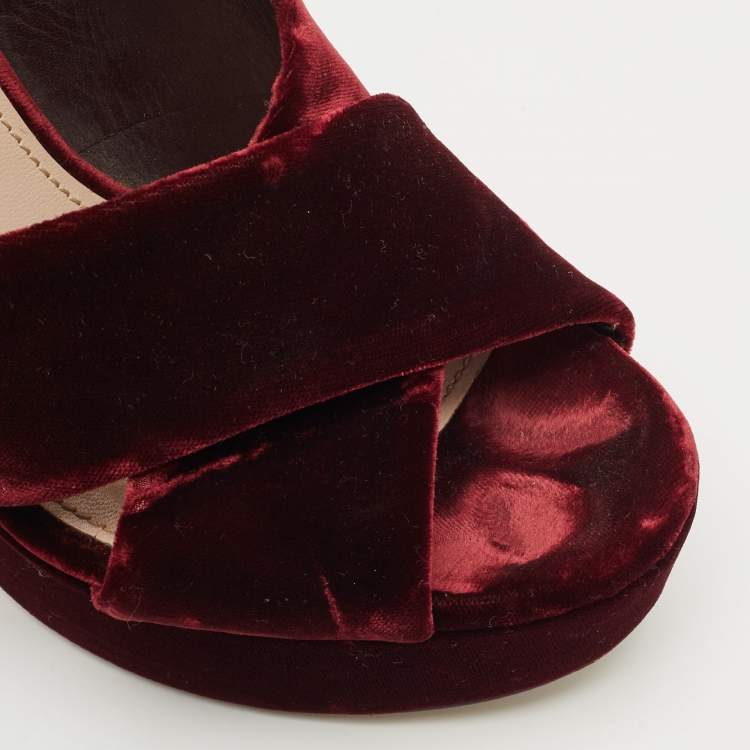 Pre Owned Miu Miu Burgundy Velvet Platform Criss Cross Ankle Strap Sandals Size 38.5