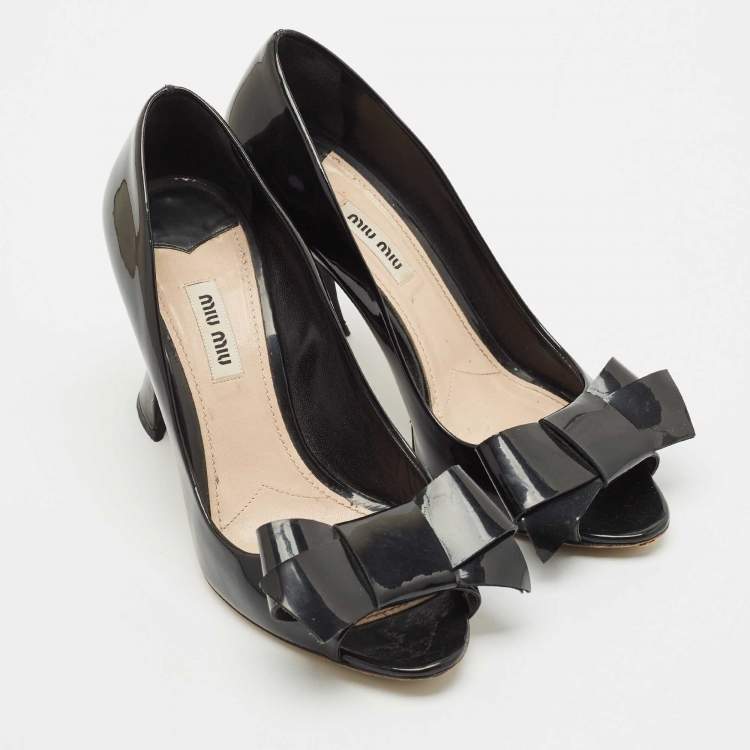 Pre Owned Miu Miu Black Patent Leather Bow Peep Toe Pumps Size 38