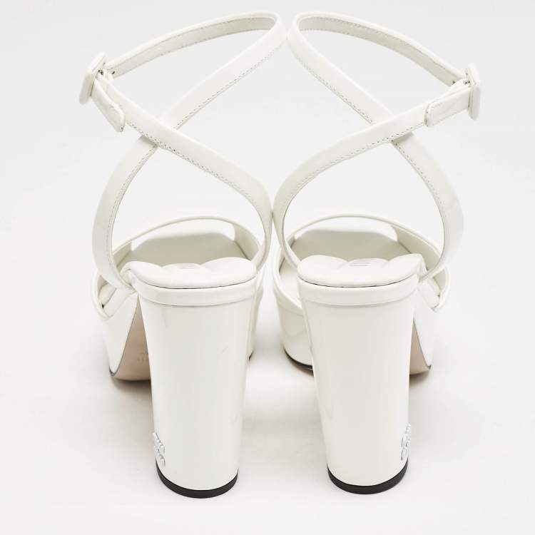 Pre Owned Miu Miu White Patent Leather Platform Ankle Strap Sandals Size 36
