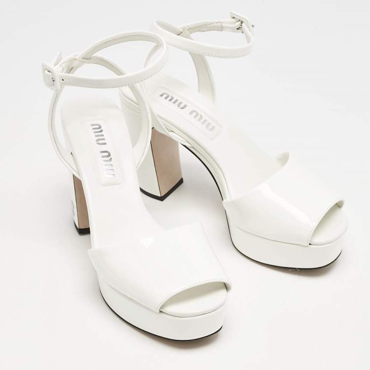 Pre Owned Miu Miu White Patent Leather Platform Ankle Strap Sandals Size 36