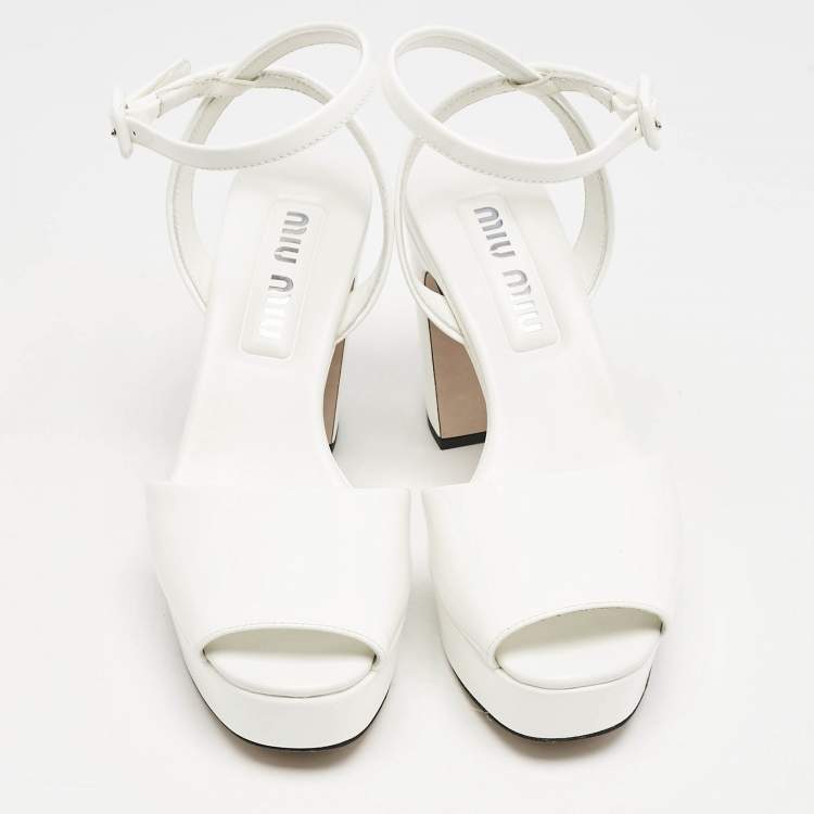 Pre Owned Miu Miu White Patent Leather Platform Ankle Strap Sandals Size 36