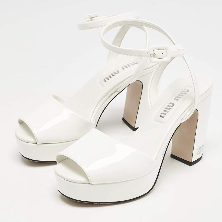 Pre Owned Miu Miu White Patent Leather Platform Ankle Strap Sandals Size 36