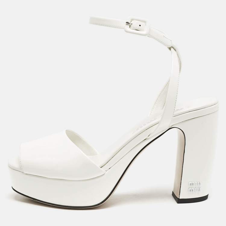 Pre Owned Miu Miu White Patent Leather Platform Ankle Strap Sandals Size 36