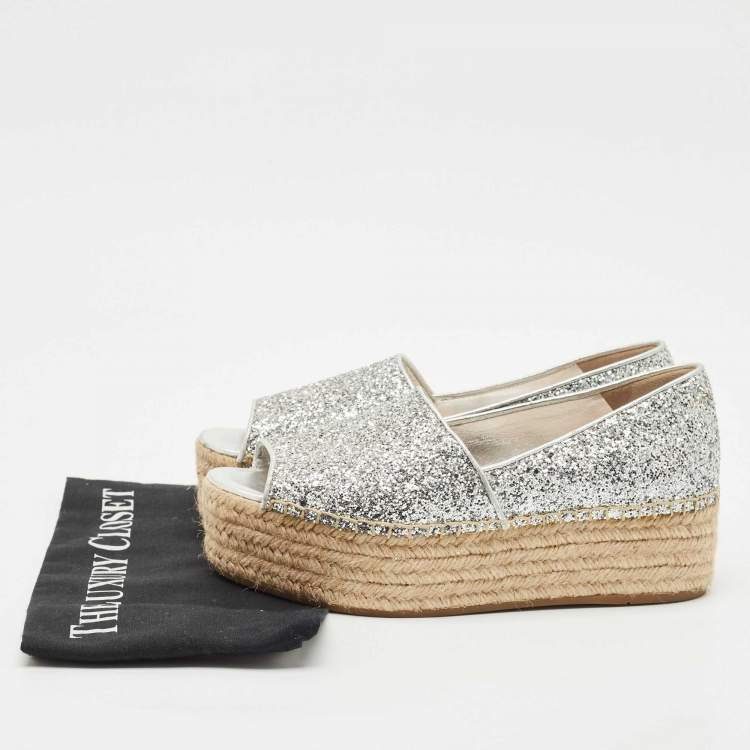 Pre Owned Miu Miu Silver Glitter Platform Espadrille Flats Size 39