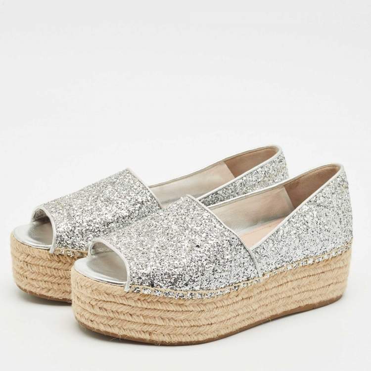Pre Owned Miu Miu Silver Glitter Platform Espadrille Flats Size 39