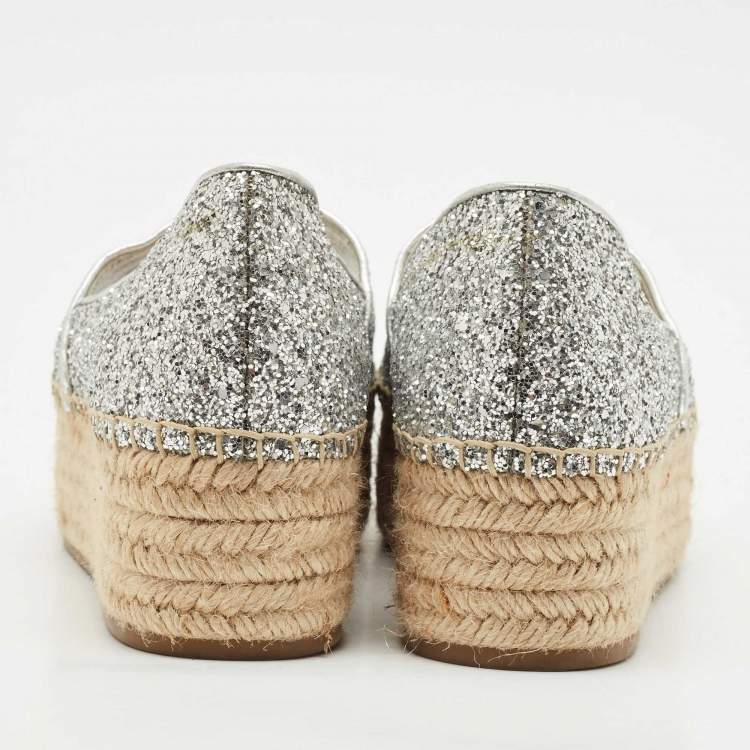 Pre Owned Miu Miu Silver Glitter Platform Espadrille Flats Size 39