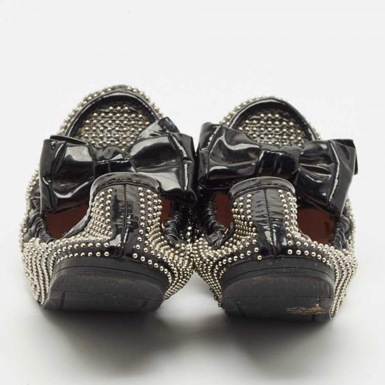 Pre Owned Miu Miu Black Patent Leather Studded Bow Scrunch Ballet Flats Size 38.5