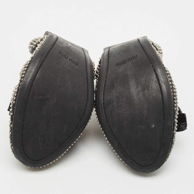 Pre Owned Miu Miu Black Patent Leather Studded Bow Scrunch Ballet Flats Size 38.5